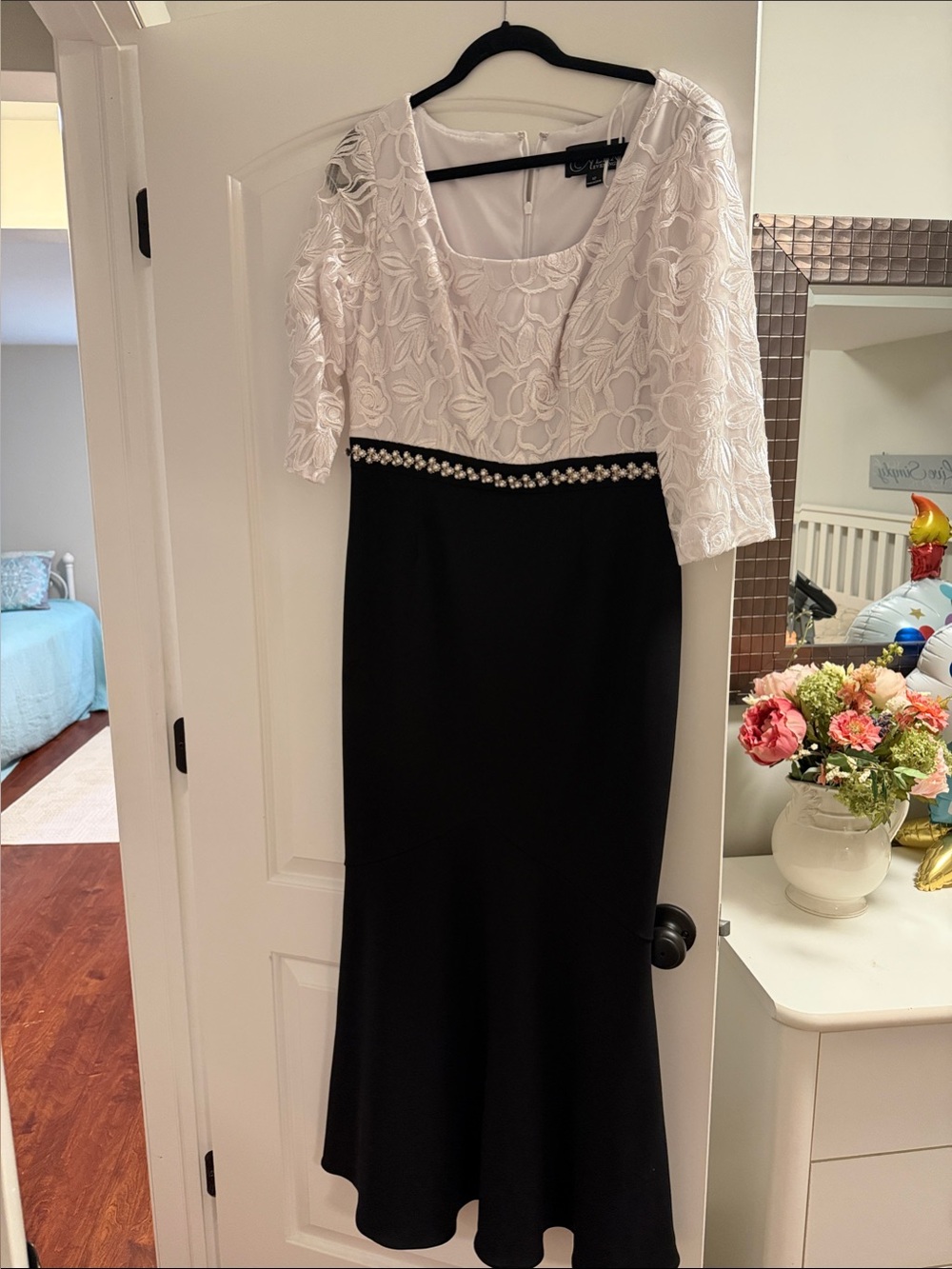 Alex Evenings Black Skirt with White Lace Bodice and Pearl Waist Trim